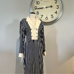 Vintage Navy and White Striped Long Sleeve Dress